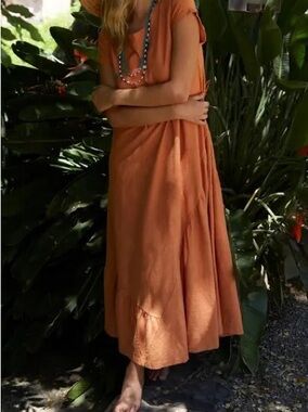 Free People FP Beach Lena T-Shirt Dress Size M Linen Cotton Terra Cotta Orange
